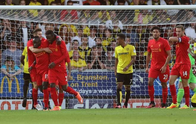 Divock Origi of Liverpool celebrates scoring during the Football League Cup Second Round at The Pirelli Stadium. Picture date: August 23rd, 2016. Pic Lynne Cameron Sportimage EDITORIAL USE ONLY. No use with unauthorised audio, video, data, fixture lists, club league logos or live services. Online in-match use limited to 120 images, no video emulation. No use in betting, games or single club league player publications.