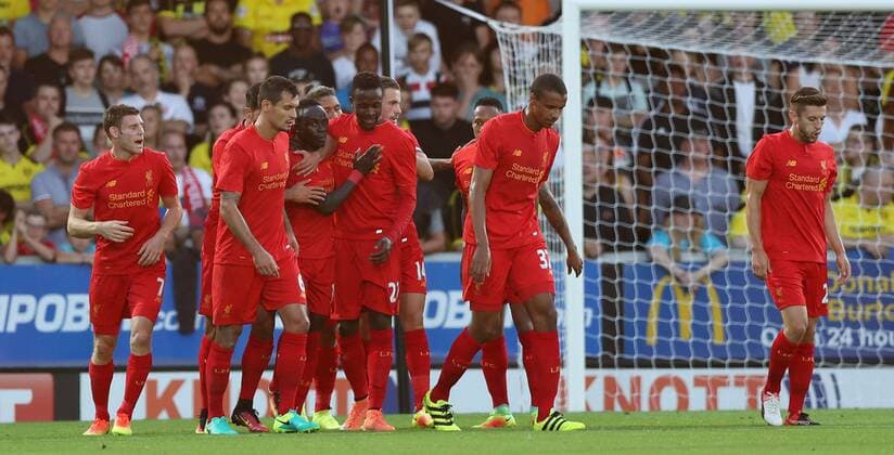 Divock Origi of Liverpool celebrates scoring during the Football League Cup Second Round at The Pirelli Stadium. Picture date: August 23rd, 2016. Pic Lynne Cameron Sportimage EDITORIAL USE ONLY. No use with unauthorised audio, video, data, fixture lists, club league logos or live services. Online in-match use limited to 120 images, no video emulation. No use in betting, games or single club league player publications.