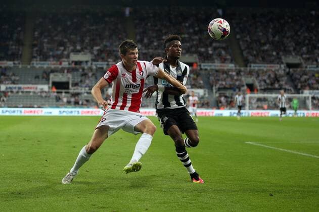 . 23 08 2016. Newcastle, United Kingdom. Newcastle United v Cheltenham Town. St James Park. Newcastle United™s Rolando Aarons and Cheltenham Town™s Daniel O™Shaughnessy.  xChrisxBoothx xixImagesx IIM-13332-0009