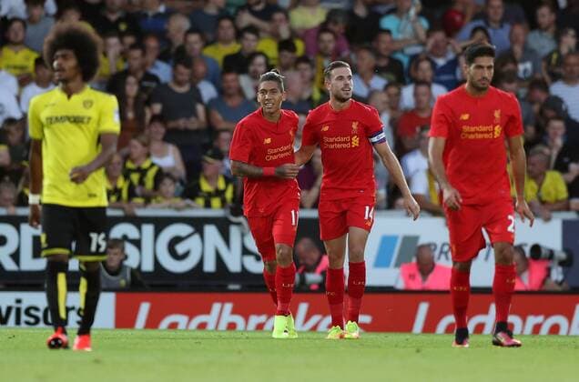 Roberto Firmino of Liverpool celebrates with Jordan Henderson after scores the second goal during the Football League Cup Second Round at The Pirelli Stadium. Picture date: August 23rd, 2016. Pic Lynne Cameron Sportimage EDITORIAL USE ONLY. No use with unauthorised audio, video, data, fixture lists, club league logos or live services. Online in-match use limited to 120 images, no video emulation. No use in betting, games or single club league player publications.