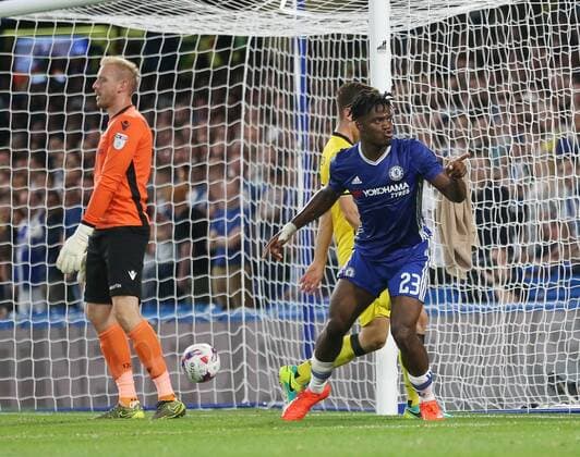 Chelsea s Michy Batshuayi celebrates scoring his sides third goal during the EFL Cup match at the Stamford Bridge Stadium, London. Picture date August 23rd, 2016 Pic David Klein Sportimage EDITORIAL USE ONLY. No use with unauthorised audio, video, data, fixture lists, club league logos or live services. Online in-match use limited to 120 images, no video emulation. No use in betting, games or single club league player publications.