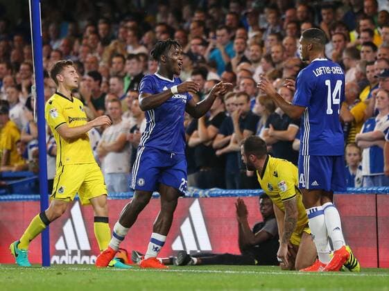 Chelsea s Michy Batshuayi celebrates scoring his sides third goal during the EFL Cup match at the Stamford Bridge Stadium, London. Picture date August 23rd, 2016 Pic David Klein Sportimage EDITORIAL USE ONLY. No use with unauthorised audio, video, data, fixture lists, club league logos or live services. Online in-match use limited to 120 images, no video emulation. No use in betting, games or single club league player publications.