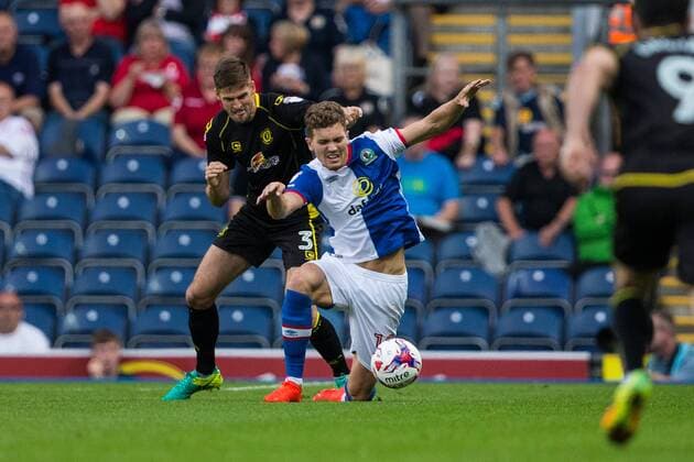 23.08.2016. Ewood Park, Blackburn, England. EFL Cup Football. Blackburn Rovers versus Crewe Alexandra. Blackburn Rovers forward Sam Gallagher and Crewe Alexandra defender Jon Guthrie challenge for the ball. xTimxWilliamsx  ActionPlus11779469