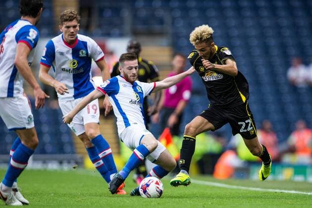 23.08.2016. Ewood Park, Blackburn, England. EFL Cup Football. Blackburn Rovers versus Crewe Alexandra. Blackburn Rovers midfielder Jack Byrne tackles Crewe Alexandra midfielder Alex Kiwomya. xTimxWilliamsx  ActionPlus11779474