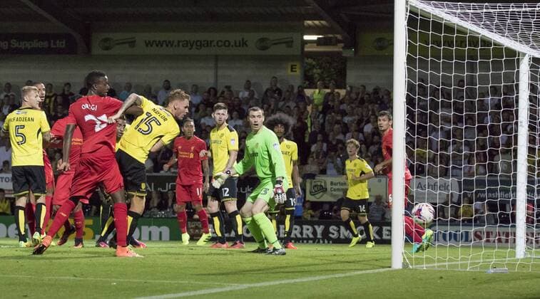 23.08.2016. Pirelli Stadium, Burton on Trent, England. EFL Cup Football. Burton Albion versus Liverpool. A scrabble in the Burton goal area leading to Burton Albion midfielder Tom Naylor scoring this own goal in the 61st minute. xRolandxHarrisonx  ActionPlus11779494