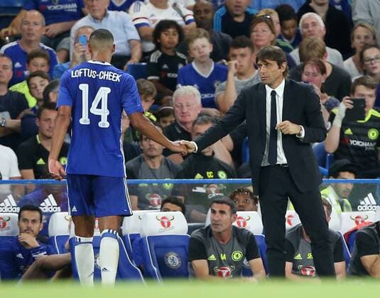 Chelsea s Ruben Loftus-Cheek shakes hands with Antonio Conte during the EFL Cup match at the Stamford Bridge Stadium, London. Picture date August 23rd, 2016 Pic David Klein Sportimage EDITORIAL USE ONLY. No use with unauthorised audio, video, data, fixture lists, club league logos or live services. Online in-match use limited to 120 images, no video emulation. No use in betting, games or single club league player publications.