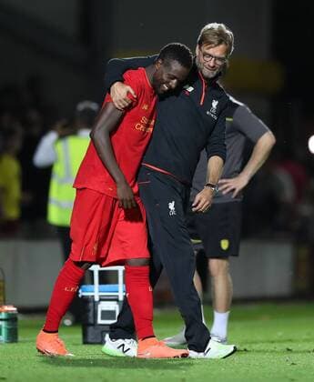 Jurgen Klopp and Divock Origi of Liverpool celebrates at the final whistle of The Football League Cup Second Round at The Pirelli Stadium. Picture date: August 23rd, 2016. Pic Lynne Cameron Sportimage EDITORIAL USE ONLY. No use with unauthorised audio, video, data, fixture lists, club league logos or live services. Online in-match use limited to 120 images, no video emulation. No use in betting, games or single club league player publications.