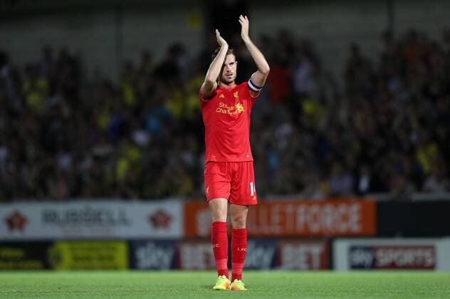 Jordan Henderson of Liverpool celebrates at the final whistle of The Football League Cup Second Round at The Pirelli Stadium. Picture date: August 23rd, 2016. Pic Lynne Cameron Sportimage EDITORIAL USE ONLY. No use with unauthorised audio, video, data, fixture lists, club league logos or live services. Online in-match use limited to 120 images, no video emulation. No use in betting, games or single club league player publications.