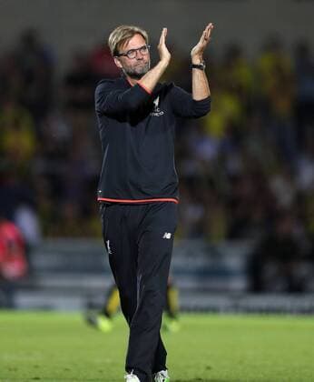 Jurgen Klopp of Liverpool celebrates at the final whistle of The Football League Cup Second Round at The Pirelli Stadium. Picture date: August 23rd, 2016. Pic Lynne Cameron Sportimage EDITORIAL USE ONLY. No use with unauthorised audio, video, data, fixture lists, club league logos or live services. Online in-match use limited to 120 images, no video emulation. No use in betting, games or single club league player publications.