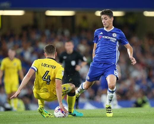 Chelsea s Oscar tussles with Bristol Rovers Tom Lockyer during the EFL Cup match at the Stamford Bridge Stadium, London. Picture date August 23rd, 2016 Pic David Klein Sportimage EDITORIAL USE ONLY. No use with unauthorised audio, video, data, fixture lists, club league logos or live services. Online in-match use limited to 120 images, no video emulation. No use in betting, games or single club league player publications.
