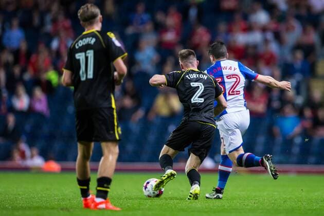 23.08.2016. Ewood Park, Blackburn, England. EFL Cup Football. Blackburn Rovers versus Crewe Alexandra. Blackburn Rovers midfielder Craig Conway challenges Crewe Alexandra defender Oliver Turton watched by Crewe midfielder George Cooper. xTimxWilliamsx  ActionPlus11779516