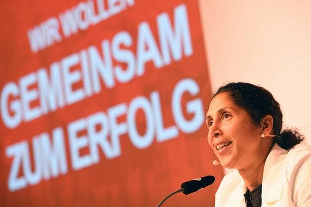 24.08.2016, xjhx, Fussball DFB Damen, Pressekonferenz Vorstellung Trainerteam um Steffi Jones, emspor, v.l. Trainerin Steffi Jones (Deutschland) Frankfurt am Main