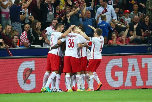 SOCCER - UEFA CL quali, RBS vs Zagreb SALZBURG,AUSTRIA,24.AUG.16 - SOCCER - UEFA Champions League, Play-off qualification, Red Bull Salzburg vs GNK Dinamo Zagreb. Image shows the rejoicing of RBS. GEPAxpictures xFelixxRoittner