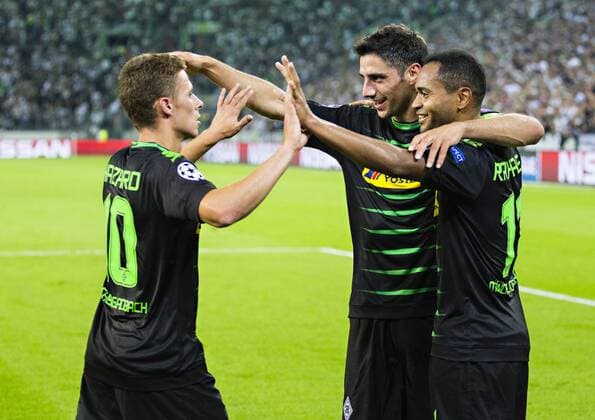 Mönchengladbach, 24.08.2016, Borussia Park Torjubel: Thorgan Hazard (BMG), Lars Stindl (BMG), Raffael (BMG) VfL Borussia Mönchengladbach - Young Boys Bern mm