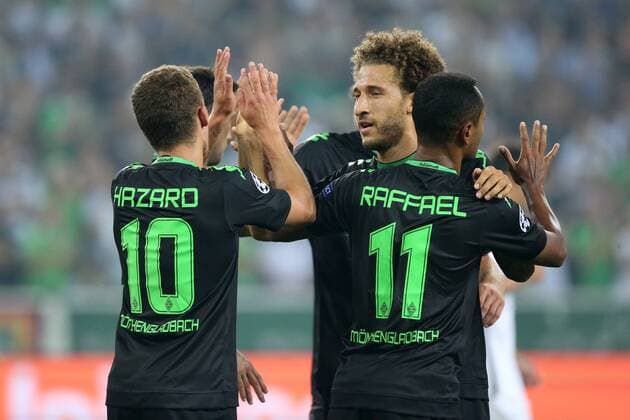 v.l. Thorgan Hazard (Moenchengladbach), Lars Stindl (Moenchengladbach), Fabian Johnson (Moenchengladbach) und Raffael (Moenchengladbach) jubeln nach dem Tor zum 4:0 durch Thorgan Hazard (Moenchengladbach)beim Spiel Borussia Moenchengladbach vs. BSC Young Boys Bern, Fussball, Champions League-Qualifikation, 24.08.2016 Moenchengladbach Copyright: xHommes Eibner-Pressefotox EP_MHS