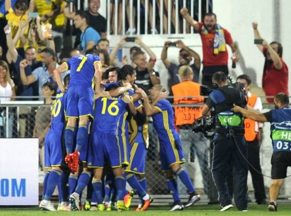 ROSTOV-ON-DON, RUSSIA - AUGUST 24, 2016: Rostov s players celebrate scoring in the 2016 17 UEFA Champions League First playoff round 2nd leg match against Ajax Amsterdam at Olimp-2 Stadium. FC Rostov won the game 4:1. Valery Matytsin TASS  TS02E80A