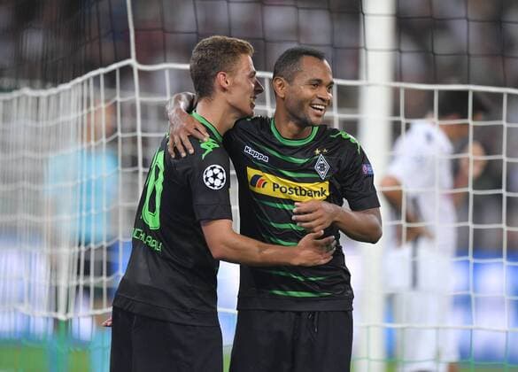 24.08.2016, Fussball, Saison 2016 2017, Champions League Qualifikation, Play-off, Borussia Moenchengladbach - Young Boys Bern 6:1, Jubel Raffael (Borussia Moenchengladbach), re., und Thorgan Hazard (Borussia Moenchengladbach)