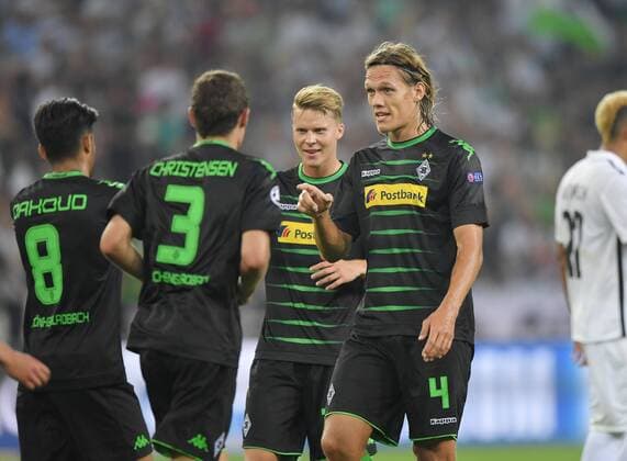 24.08.2016, Fussball, Saison 2016 2017, Champions League Qualifikation, Play-off, Borussia Moenchengladbach - Young Boys Bern 6:1, Jubel mit Jannik Vestergaard (Borussia Moenchengladbach), re.