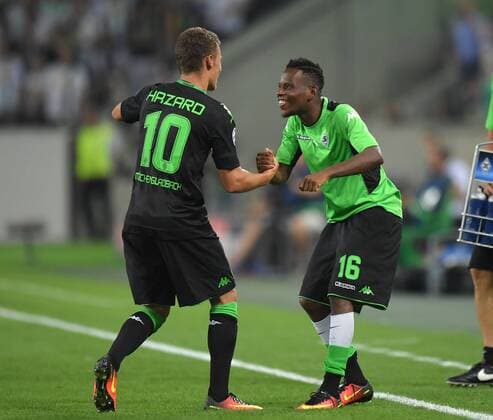 24.08.2016, Fussball, Saison 2016 2017, Champions League Qualifikation, Play-off, Borussia Moenchengladbach - Young Boys Bern 6:1, Jubel Thorgan Hazard (Borussia Moenchengladbach), li., mit Ibrahima Traore (Borussia Moenchengladbach)