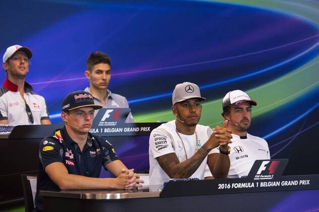From L to R, Up, French Romain Grosjean of Lotus F1 Team, Esteban Ocon of Manor Racing MRT F1 Team and down, L-R, Dutch Max Verstappen of Scuderia Toro Rosso, British Lewis Hamilton of Mercedes AMG Petronas F1 Team and Spanish Fernando Alonso of McLaren-Honda pictured during a press conference PK Pressekonferenz at the Grand Prix F1 of Belgium, in Spa-Francorchamps, Thursday 25 August 2016. The Spa-Francorchamps Formula One Grand Prix takes place this weekend, from August 26 until August 28. NICOLASxLAMBERT  x04918421x