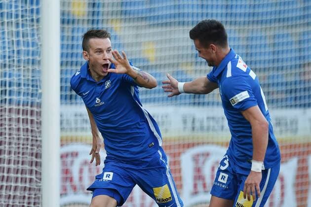 From left: Jan Sykora and Egon Vuch of Liberec celebrate a goal during the fourth qualifying round return Europa League match Slovan Liberec vs AEK Larnaca in Liberec, Czech Republic, August 25, 2016. (CTKxPhoto RadekxPetrasek) CTKPhotoP201608250962101  PER 1