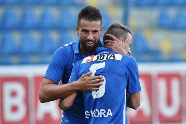 From left: Milan Baros and Jan Sykora of Liberec celebrate a goal during the fourth qualifying round return Europa League match Slovan Liberec vs AEK Larnaca in Liberec, Czech Republic, August 25, 2016. (CTKxPhoto RadekxPetrasek) CTKPhotoP201608250978001  PER 6