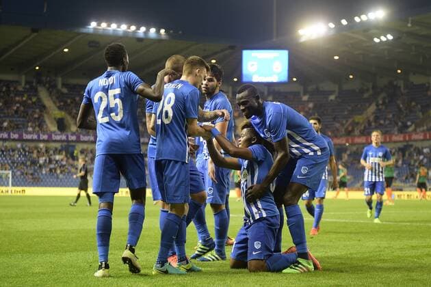 Genk s Leon Bailey (C) celebrates after scoring during a match between Belgian first league team KRC Genk and Croatian Lokomotiva Zagreb, the return leg of the playoff round in the Europa League competition, in Genk, Thursday 25 August 2016. First leg ended on 2-2 draw result in Croatia. YORICKxJANSENS  x04918817x