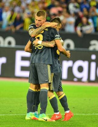 UEFA Europa league Playoff second leg match between Grasshoppers and Fenerbahce at Letzigrund Stadium in Zurich, Swiss on August 25 , 2016. Final Score: Grasshoppers 0 - Fenerbahce 2 Pictured: Fenerbahce players celebrates for Miroslav Stoch goal. ( Mirolav Stoch , Mehmet Topal , Martin Skrtel ) Not available for publication in Turkey. 