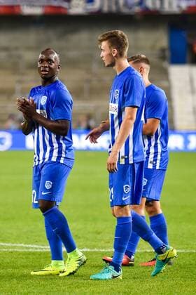 Genk s Neeskens Kebano and Genk s Brian Heynen pictured after a match between Belgian first league team KRC Genk and Croatian Lokomotiva Zagreb, the return leg of the playoff round in the Europa League competition, in Genk, Thursday 25 August 2016. First leg ended on 2-2 draw result in Croatia. LUCxCLAESSEN  x04918930x