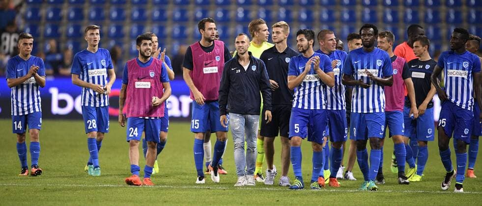 Genk s players celebrate after winning a match between Belgian first league team KRC Genk and Croatian Lokomotiva Zagreb, the return leg of the playoff round in the Europa League competition, in Genk, Thursday 25 August 2016. First leg ended on 2-2 draw result in Croatia. YORICKxJANSENS  x04918923x