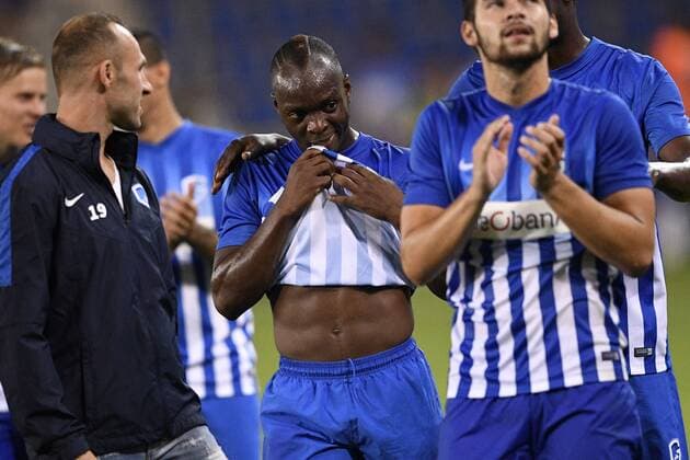 Genk s Neeskens Kebano (C) pictured after a match between Belgian first league team KRC Genk and Croatian Lokomotiva Zagreb, the return leg of the playoff round in the Europa League competition, in Genk, Thursday 25 August 2016. First leg ended on 2-2 draw result in Croatia. YORICKxJANSENS  x04918925x
