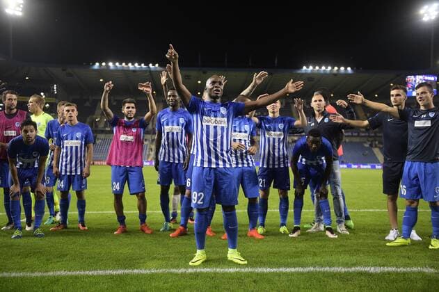 Genk s Neeskens Kebano celebrates after winning a match between Belgian first league team KRC Genk and Croatian Lokomotiva Zagreb, the return leg of the playoff round in the Europa League competition, in Genk, Thursday 25 August 2016. First leg ended on 2-2 draw result in Croatia. YORICKxJANSENS  x04918918x
