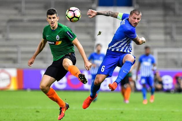 Genk s Sebastien Dewaest fight for the ball during a match between Belgian first league team KRC Genk and Croatian Lokomotiva Zagreb, the return leg of the playoff round in the Europa League competition, in Genk, Thursday 25 August 2016. First leg ended on 2-2 draw result in Croatia. LUCxCLAESSEN  x04918941x