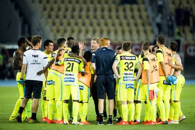 Gent s players and Gent s head coach Hein Vanhaezebrouck celebrate after winning a match between Macedonia s Shkendija and Belgian first league soccer team KAA Gent, the return leg of the playoff round in the Europa League competition, Thursday 25 August 2016, in Skopje, Macedonia. First leg ended on a 2-1 result in Belgium. JASPERxJACOBS  x04919034x