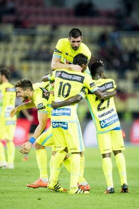 Gent s Stefan Mitrovic, Gent s Renato Neto and Gent s Moses Simon celebrate after scoring during a match between Macedonia s Shkendija and Belgian first league soccer team KAA Gent, the return leg of the playoff round in the Europa League competition, Thursday 25 August 2016, in Skopje, Macedonia. First leg ended on a 2-1 result in Belgium. JASPERxJACOBS  x04919036x