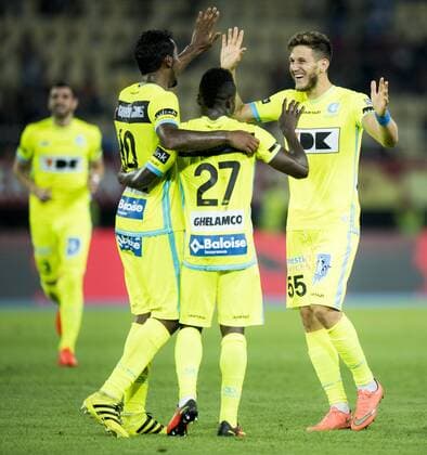 Gent s Renato Neto, Gent s Moses Simon and Gent s Rami Gershon celebrate after scoring during a match between Macedonia s Shkendija and Belgian first league soccer team KAA Gent, the return leg of the playoff round in the Europa League competition, Thursday 25 August 2016, in Skopje, Macedonia. First leg ended on a 2-1 result in Belgium. JASPERxJACOBS  x04919038x