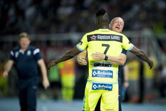 Gent s head coach Hein Vanhaezebrouck, Gent s Kalifa Coulibaly and Gent s assistant coach Peter Balette celebrate after scoring during a match between Macedonia s Shkendija and Belgian first league soccer team KAA Gent, the return leg of the playoff round in the Europa League competition, Thursday 25 August 2016, in Skopje, Macedonia. First leg ended on a 2-1 result in Belgium. JASPERxJACOBS  x04919042x