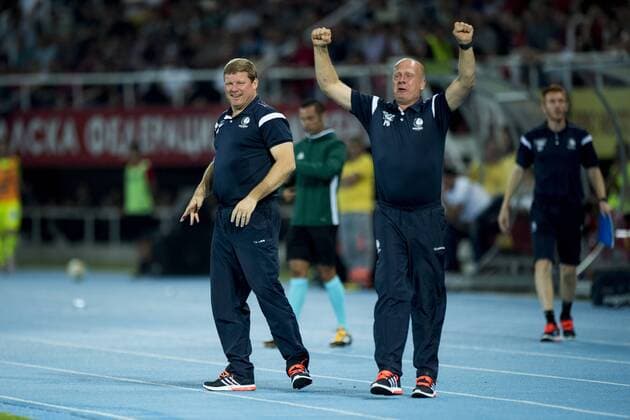 Gent s head coach Hein Vanhaezebrouck and Gent s assistant coach Peter Balette celebrate during a match between Macedonia s Shkendija and Belgian first league soccer team KAA Gent, the return leg of the playoff round in the Europa League competition, Thursday 25 August 2016, in Skopje, Macedonia. First leg ended on a 2-1 result in Belgium. JASPERxJACOBS  x04919044x