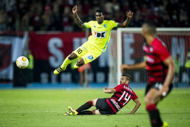 Gent s Renato Neto and Shkendija s Marjan Radeski fight for the ball during a match between Macedonia s Shkendija and Belgian first league soccer team KAA Gent, the return leg of the playoff round in the Europa League competition, Thursday 25 August 2016, in Skopje, Macedonia. First leg ended on a 2-1 result in Belgium. JASPERxJACOBS  x04919047x
