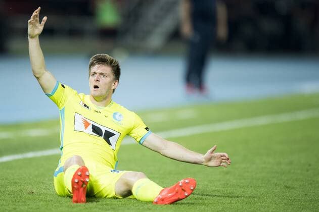 Gent s Thomas Foket reacts during a match between Macedonia s Shkendija and Belgian first league soccer team KAA Gent, the return leg of the playoff round in the Europa League competition, Thursday 25 August 2016, in Skopje, Macedonia. First leg ended on a 2-1 result in Belgium. JASPERxJACOBS  x04919049x