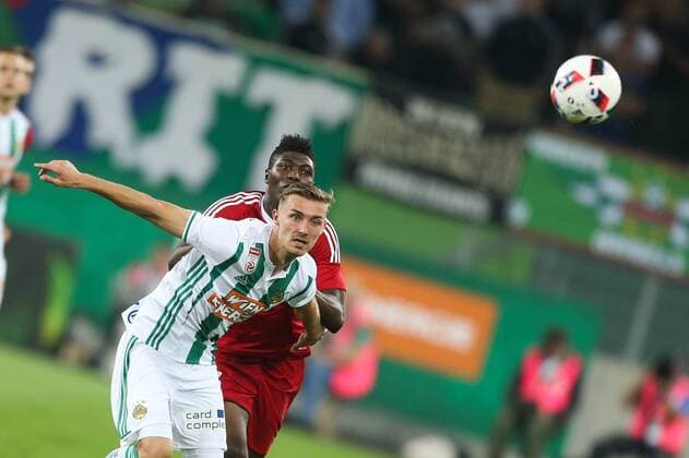 SOCCER - UEFA EL quali, Rapid vs Trencin VIENNA,AUSTRIA,25.AUG.16 - SOCCER - UEFA Europa League, Play-off qualification, SK Rapid Wien vs FK AS Trencin. Image shows Mario Pavelic (Rapid) and Aliko Bala (Trencin). Keywords: Wien Energie. GEPAxpictures xPhilippxBrem