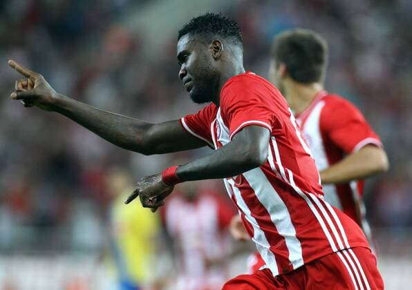 August 25, 2016 - Piraeus, Greece - Olympiaco s Greek forward Brown Ideye celebrates after scoring a goal during UEFA Europa League match between FC Olympiacos and FC Arouca at Georgios Karaiskakis Stadium in Piraeus on August 25, 2016. FC Olympiacos v FC Arouca - UEFA Europa League  - ZUMAn230
