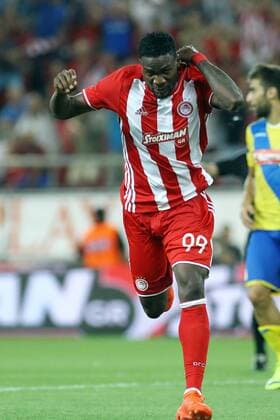 August 25, 2016 - Piraeus, Greece - Olympiaco s Greek forward Brown Ideye celebrates after scoring a goal during UEFA Europa League match between FC Olympiacos and FC Arouca at Georgios Karaiskakis Stadium in Piraeus on August 25, 2016. FC Olympiacos v FC Arouca - UEFA Europa League  - ZUMAn230