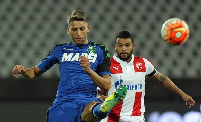25.08.2016 Belgrade(Serbia) FK Crvena Zvezda(FC Red Star)-US Sassuolo Europa League play off men s football Domenico Berardi(L)US Sassuolo passing by John Ruiz (R) FK Crvena Zvezda(FC Red Star) : 