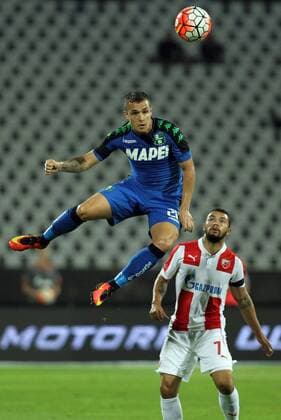25.08.2016 Belgrade(Serbia) FK Crvena Zvezda(FC Red Star)-US Sassuolo Europa League play off men s football Pol Lirola(L)US Sassuolo and John Ruiz (R) FK Crvena Zvezda(FC Red Star) : 