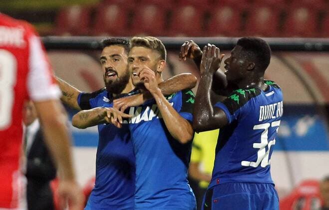 25.08.2016 Belgrade(Serbia) FK Crvena Zvezda(FC Red Star)-US Sassuolo Europa League play off men s football Francesco Magnanelli (L) ,Domenico Berardi(c) and Alfred Duncan(r)US Sassuolo celebrate first goal on match : 
