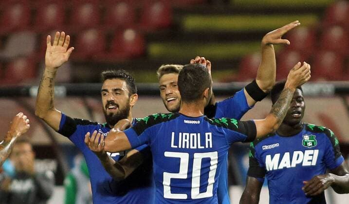 25.08.2016 Belgrade(Serbia) FK Crvena Zvezda(FC Red Star)-US Sassuolo Europa League play off men s football Francesco Magnanelli (L) ,Domenico Berardi(c) US Sassuolo celebrate first goal on match : 