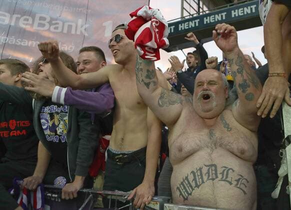 SOCCER - UEFA EL quali, Rosenborg vs A.Wien TRONDHEIM,NORWAY,25.AUG.16 - SOCCER - UEFA Europa League, Play-off qualification, BK Rosenborg Trondheim vs FK Austria Wien. Image shows fans of A.Wien. GEPAxpictures xChristianxOrt