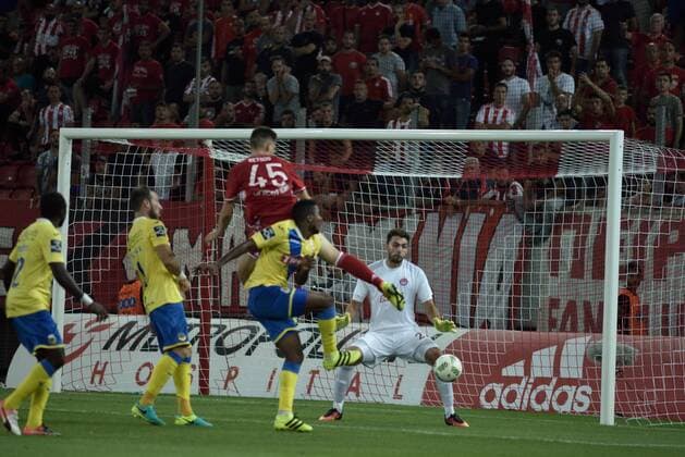 Greece: UEFA Europa League First playoff round, Game 2 The moment of goal for Arouca against Olympiacos. Final score, Olympiacos got 2 points while the Arouca got 1 point.  DimitriosxKarvountzisx xPacificxPress
