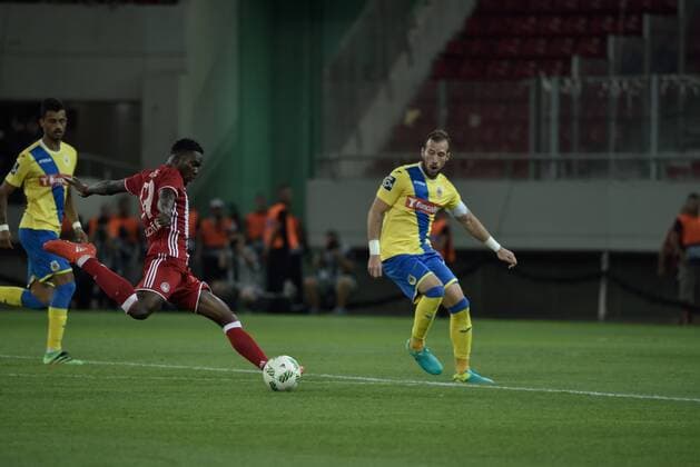 Greece: UEFA Europa League First playoff round, Game 2 Brown Ideye (no 99) of Olympiacos tries to score against Arouca. Final score, Olympiacos got 2 points while the Arouca got 1 point.  DimitriosxKarvountzisx xPacificxPress